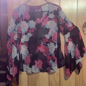 Jennifer Lopez Black and Pink Asymmetrical Bell Sleeve Blouse